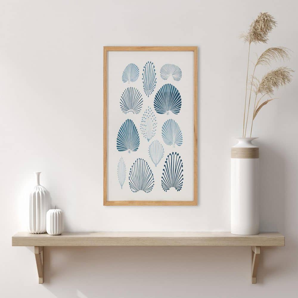 Natural Solid Wood Framed Abstract Coastal Blue Coral Print