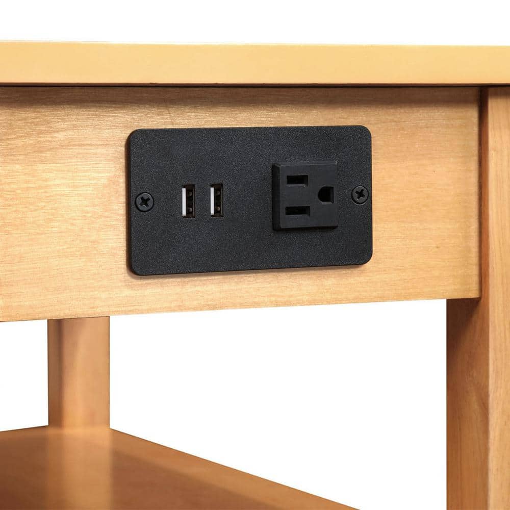 Natural Rubberwood End Table with Charging Station and Shelves