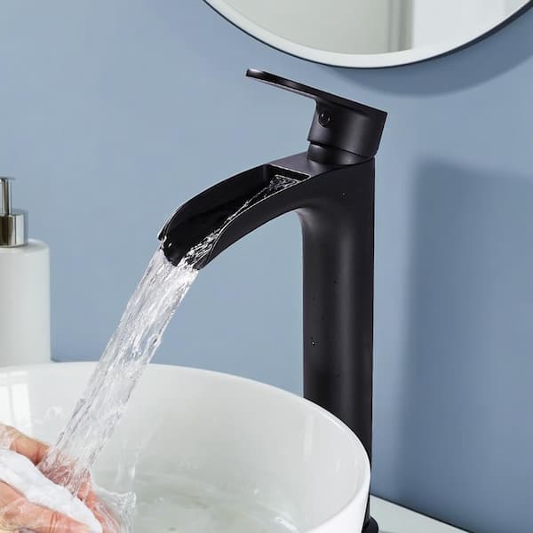 Waterfall Single Handle Bathroom Faucet with Metal Pop-Up Drain in Matte Black