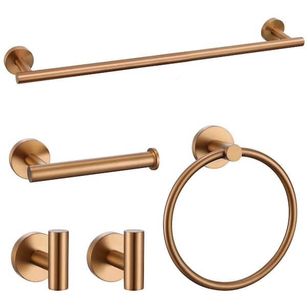 5-Piece Bathroom Hardware Set with Towel Bar, Towel Ring, Toilet Paper Holder and 2 Robe Hooks in Brushed Rose Gold