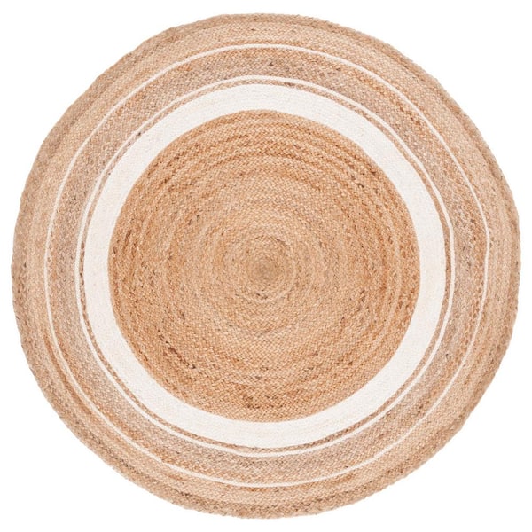 SAFAVIEH Natural Fiber Beige/Ivory 5 ft. x 5 ft. Woven Striped Round Area Rug