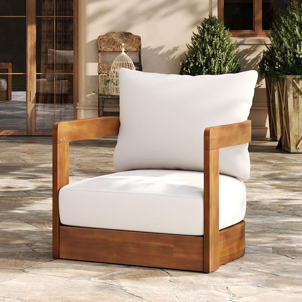 Teak Acacia Wood Outdoor Lounge Chair, Premium Club Chair, Curved Tub Design with Beige Water-Cushions