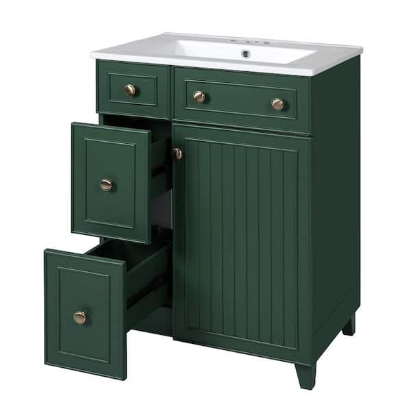 24 in. W Single Sink Freestanding Frosty Green Bath Vanity with White Ceramic Top and 2 Drawers, Unassembled