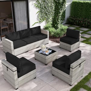 14-Piece Wicker Outdoor Sectional Set with Black Cushion