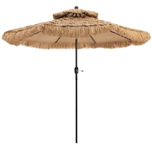 9 ft. Iron Thatched Tiki Beach Umbrella in Khaki