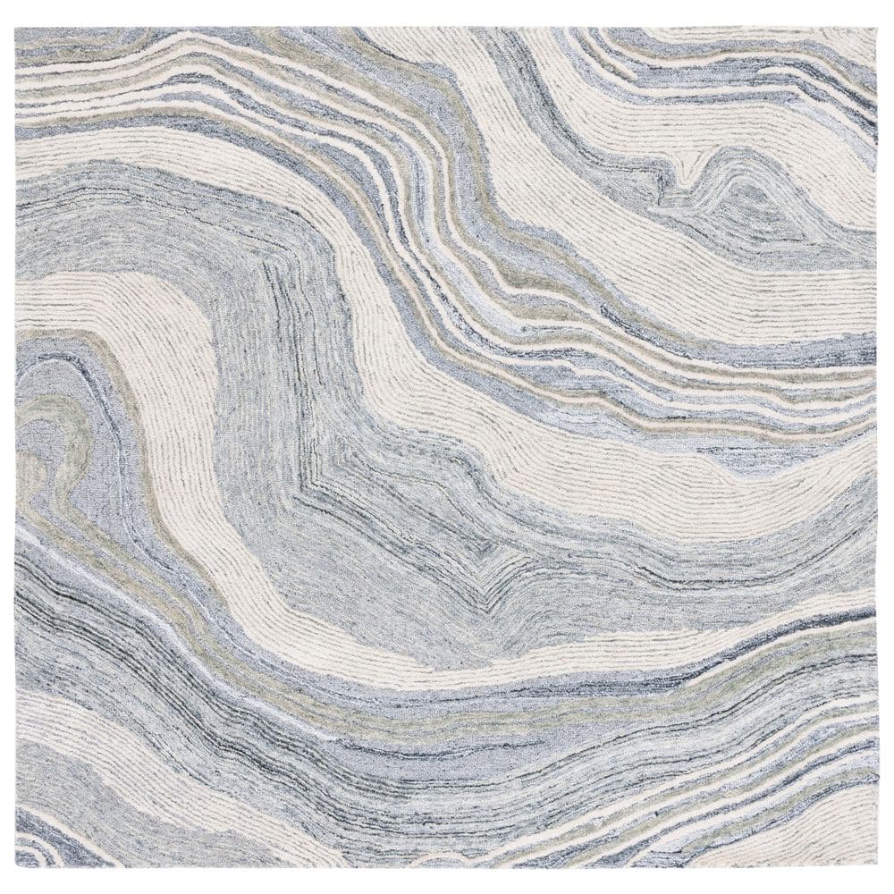 Gray and Ivory Abstract Wool Silk Square Rug