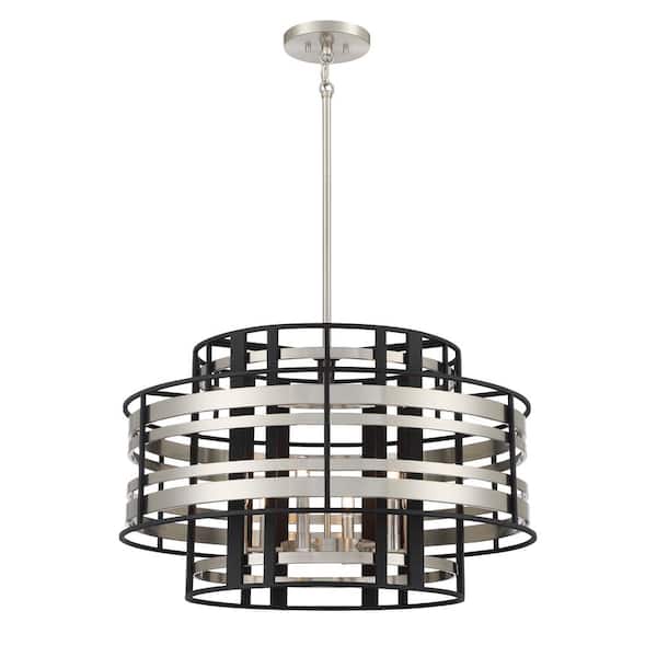 Presten 6-Light Brushed Nickel and Sand Black Drum Pendant Light