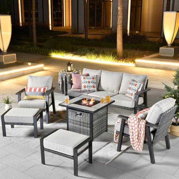 HOOOWOOO Walden Grey 6-Piece Wicker Steel Outdoor Patio Conversation Sofa Set with a Fire Pit and Beige Cushions