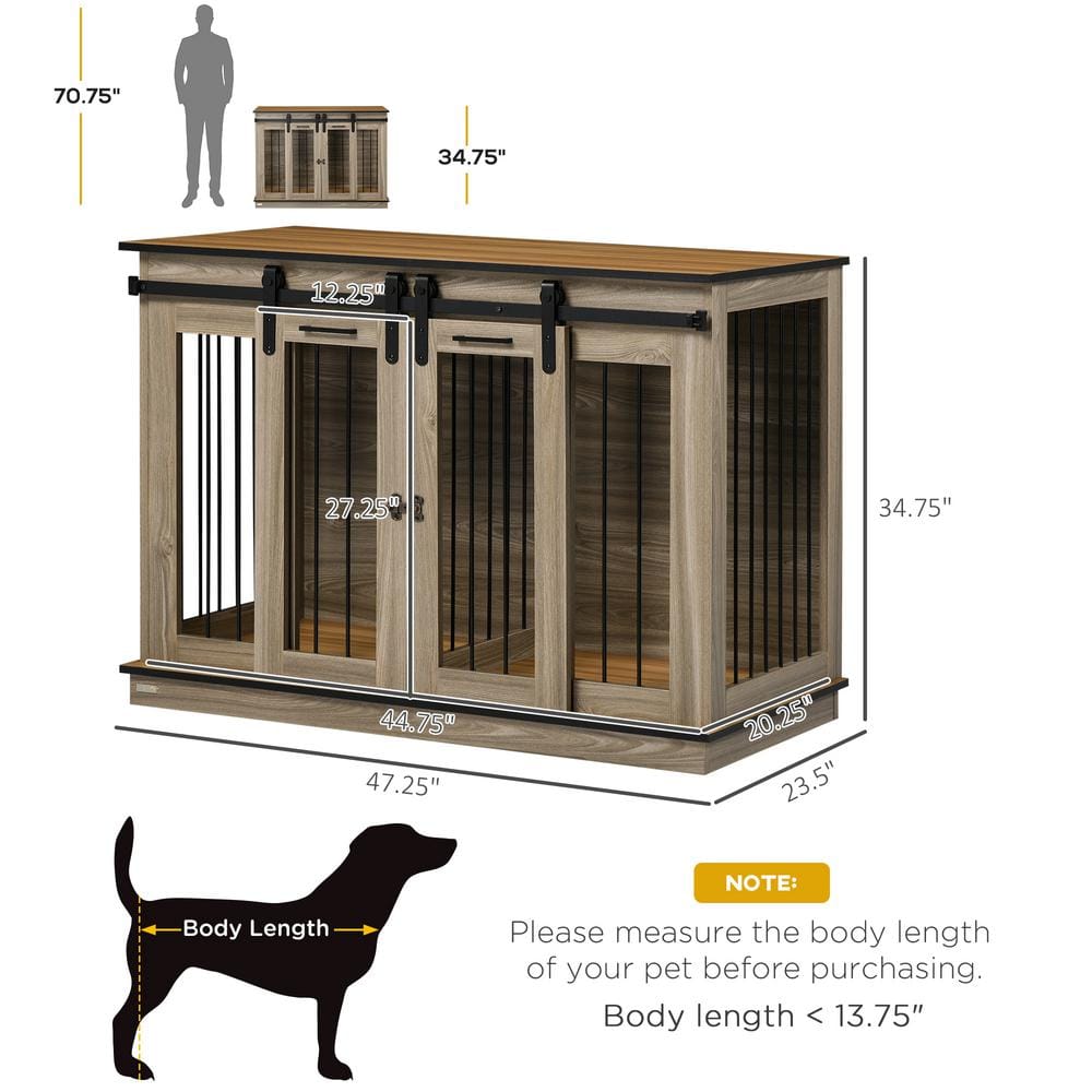 Large Oak Brown Dog Crate End Table with Sliding Doors