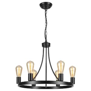 Farmhouse 6-Light Black Wagon Wheel Chandelier Rustic Industrial Pendant Light