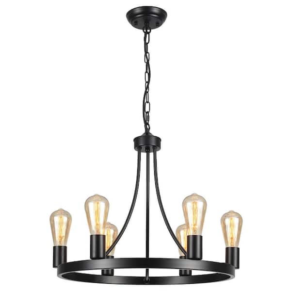 Farmhouse 6-Light Black Wagon Wheel Chandelier Rustic Industrial Pendant Light