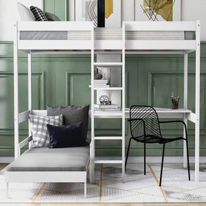 White Convertible Loft Bed with L-Shape Desk Twin Bunk Bed with Shelves and Ladder