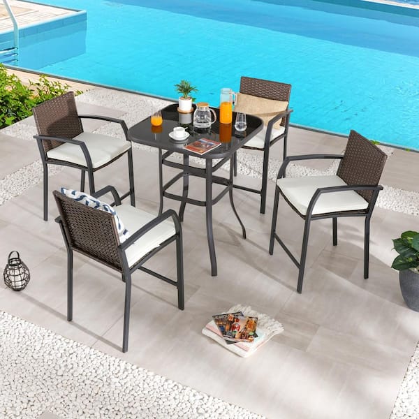 Patio Festival 5-Piece Wicker Bar Height Outdoor Dining Set with Beige Cushions