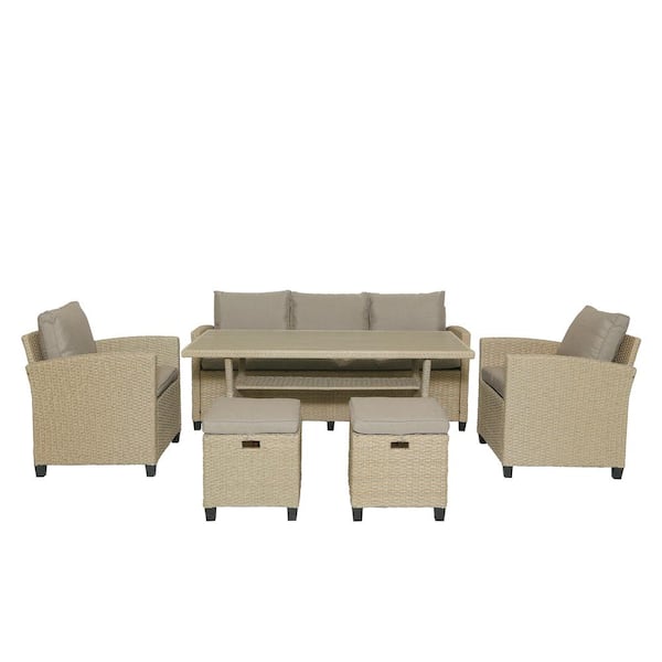 STICKON 6-Piece Brown Wicker Top Material Dining Room Set Seats 6, (1 Set)