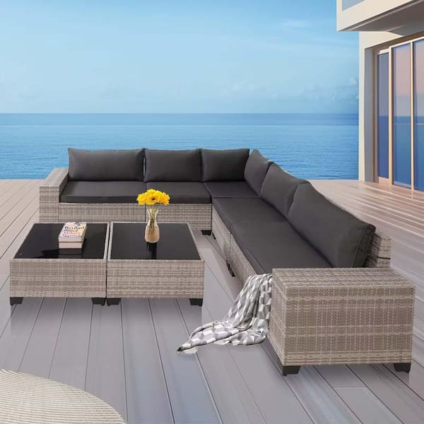 Grey White 7-Piece Wicker Outdoor Patio Sectional Set with Gray Cushions