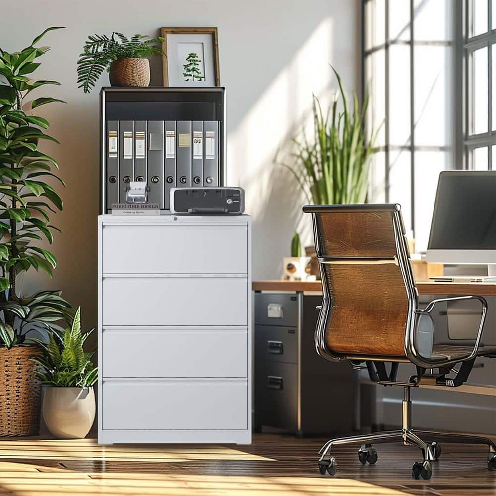 4-Drawer White Metal 35.4 in. W Vertical File Cabinet Lockable Storage Cabinet for Office Home
