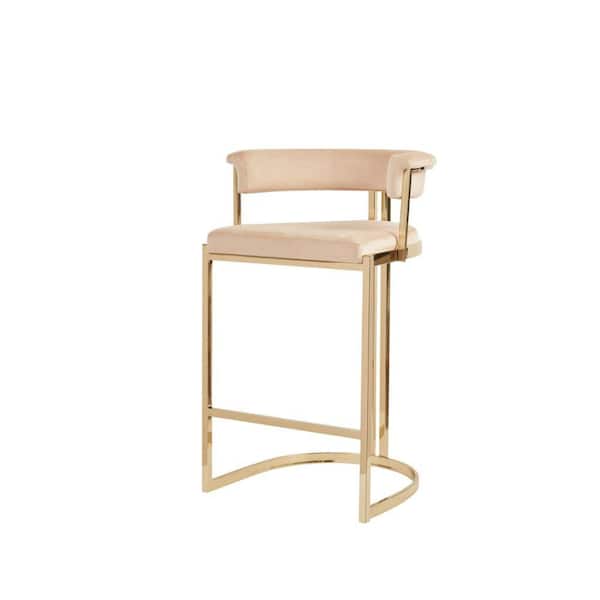 Benjara 27.2 in. Beige and Gold Low Back Metal Frame Counter Stool with Velvet Seat