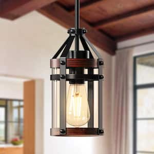 1-Light Black Metal Cylinder Pendant Linght Farmhouse Rustic Island Hanging Light with Wood Grain and Glass Shade