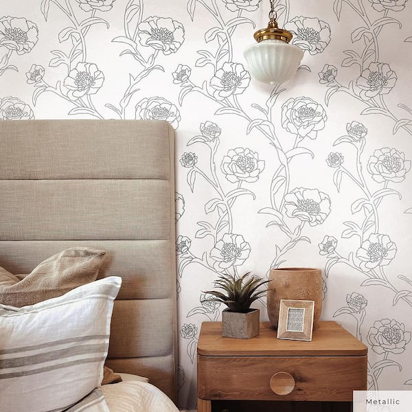 Metallic Black and White Peonies Vinyl Peel and Stick Wallpaper Roll (Covers 56 sq. ft.)