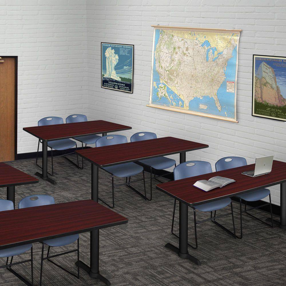 Cain 48 in. x 24 in. Mahogany T-Base Training Seminar Table Desk and 2 Zeng Stack Chairs-Blue