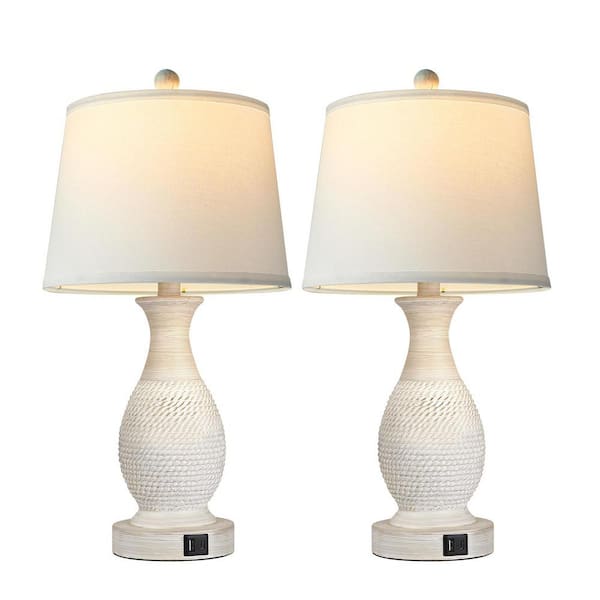 Rottogoon 26 in. Farmhouse Table Lamps Set of 2, Bedside Touch Lamp with USB C+A Ports White Fabric Shade LED Bulbs Include