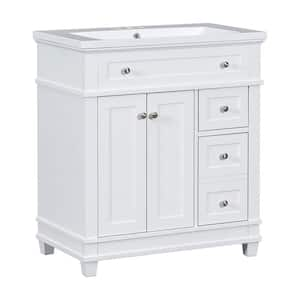 30 in. Freestanding Bath Vanity in White with Resin Sink & Top with 2 Drawers, Soft Closing Doors & Solid Wood Frame