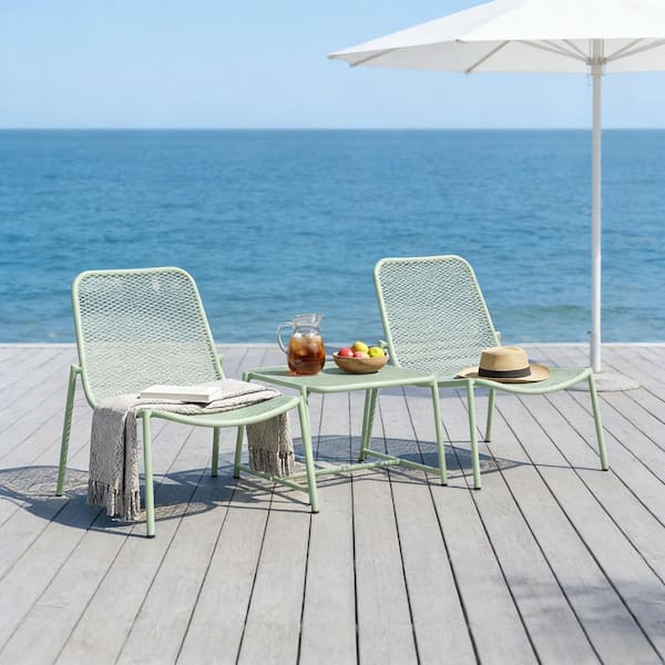 3-Piece Green Metal Outdoor Bar Stool-2 Mesh Chairs and 1 Side Table for Backyard