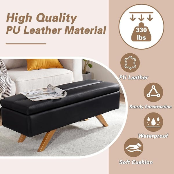 Modern Soft PU Leather Bench Ottoman Shoestool with 6.1" Deep Storage-Space, Easily Stores Books, Blankets, Black
