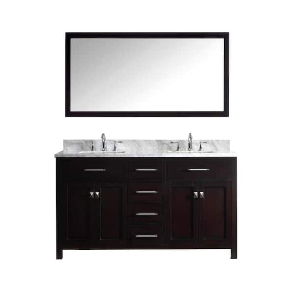 Virtu USA Caroline 60 in. W Bath Vanity in Espresso with Marble Vanity Top in White with Square Basin and Mirror