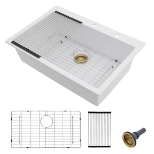 33 in. Drop-In Single Bowl White Quartz Composite Kitchen Sink with Bottom Grids and Strainer