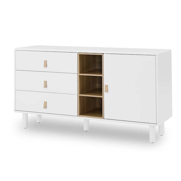 White 30 in. H Wood Storage Cabinet with Doors and 3 Drawers,Modern Chest of Drawers with Leather Handle,Storage Shelves