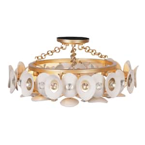 Niu 20 in. 3-Light Fawn Gold Beaded Semi-Flush Mount with Coconut Shell Accents and No Bulbs Included