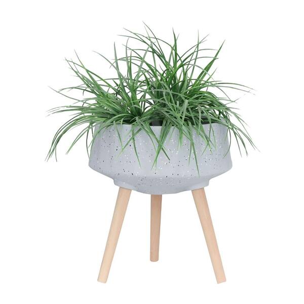 HOTEBIKE 11 in. /15 in. Terrazzo Resin Planter With Wood Legs Gray (Set of 2) JIANG010247 The