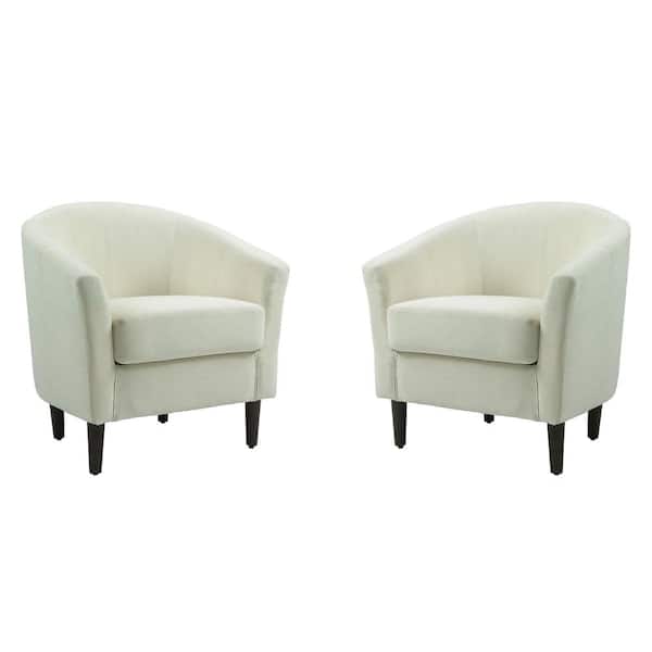 Uixe Modern Beige Linen Upholstered Accent Barrel Arm Chair With Wood Leg(Set of 2)