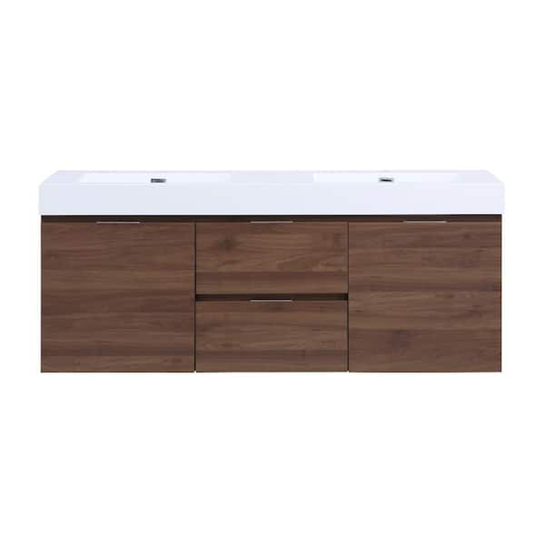 59 Floating White & Brown Bathroom Vanity Set with Double Sink Two Shelves