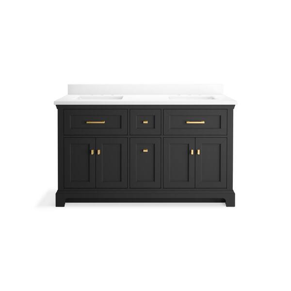 KOHLER Charlemont 60.75in. Double Sink Freestanding Ferrous Grey Bath Vanity with White Quartz Top Assembled