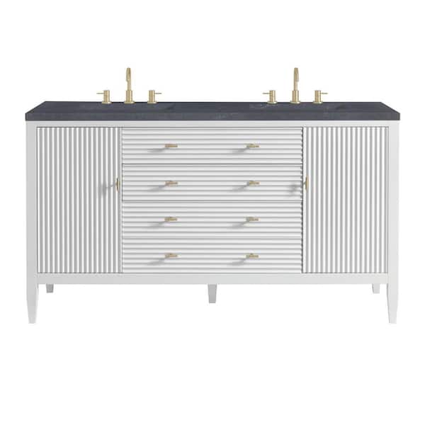 James Martin Vanities Mirin 60.0 in. W x 23.5 in. D x 34.06 in. H Double Bathroom Vanity in Bright White Charcoal Soapstone Quartz Top