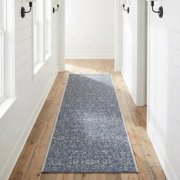 Monte Carlo Summer Vines Navy-Ivory 2 ft. x 12 ft. Indoor/Outdoor Runner Rug