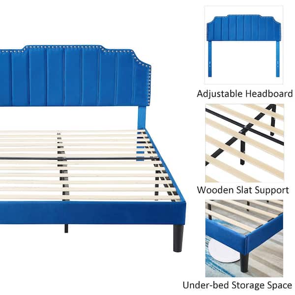 Upholstered Bed Blue Metal plus Wood Frame Full Platform Bed with Tufted Adjustable Headboard/Mattress Foundation