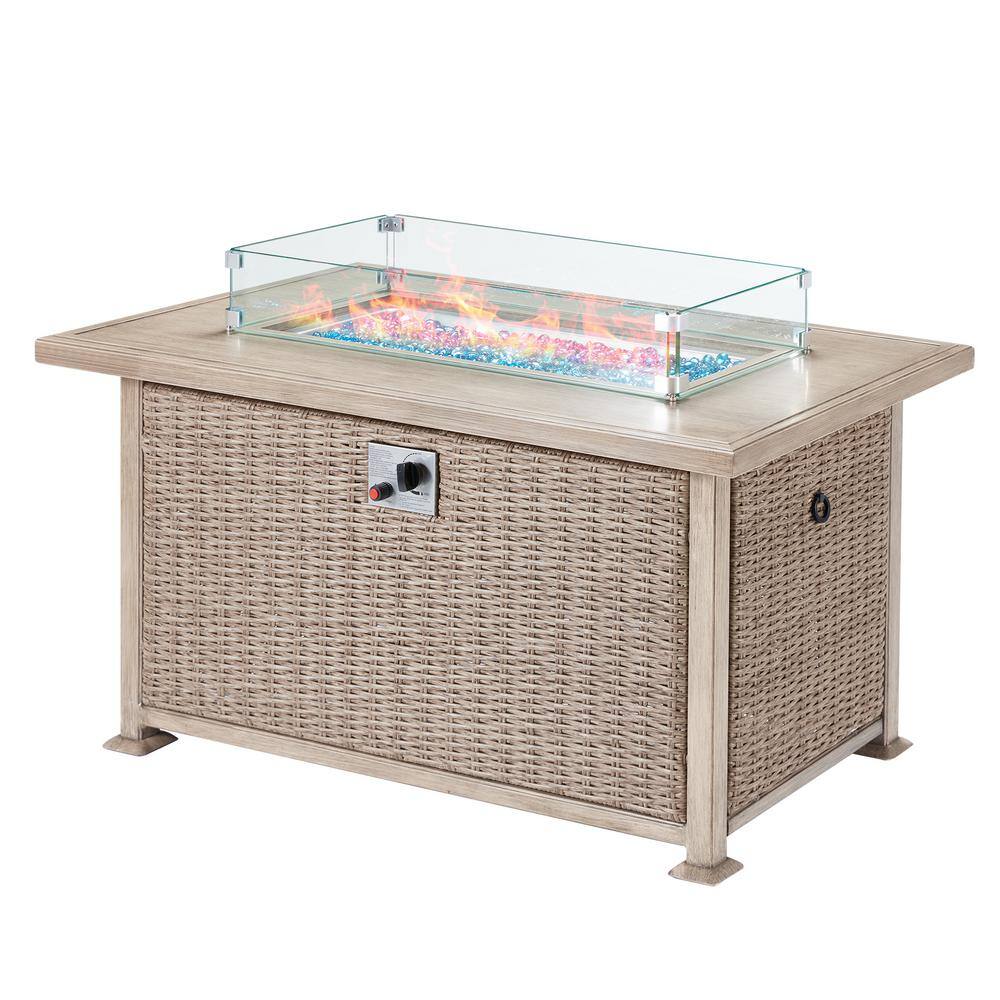 44 in. Gray Rattan Propane Fire Pit Table with Glass Wind Guard for Garden Patio Lawn, CSA Certification, 50,000 BTU