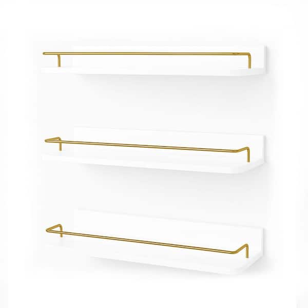 17 in. W x 6 in. D x 2.2 in. H White and Gold Floating Shelves Set of 3 Wall Mounted w/ Guard Rail Bathroom Living Room