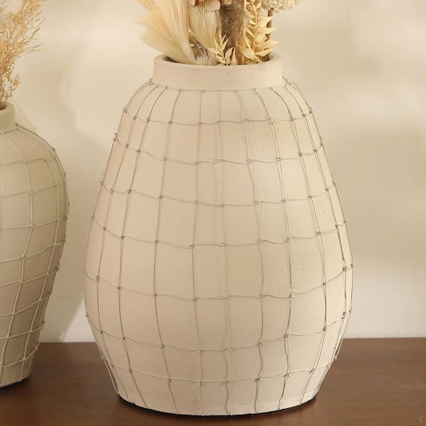 High-Quality 15 in. Beige Clay Decorative Vase, Handmade Off Large Terracotta Vase with Wireframe Design