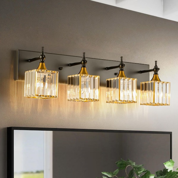 Umera 26.3 in. 4-Light Modern Vintage Antique Bronze Square Bathroom Vanity Light with Crystal Shade