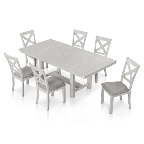 Sunn 7-Piece Rectangle Rustic White Oak Wood Top Dining Table Set with Extendable Side Leaf (Seats 6)