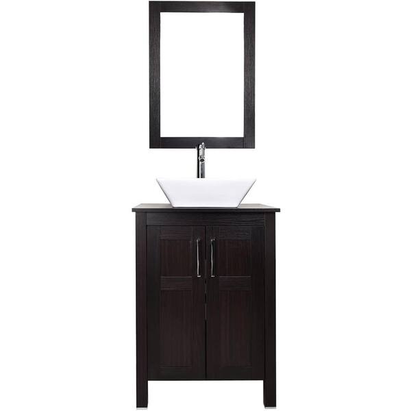 TOOLKISS 24 in. W x 19 in. D x 32.3 in. H Single Sink Bath Vanity in Brown with Top and Mirror