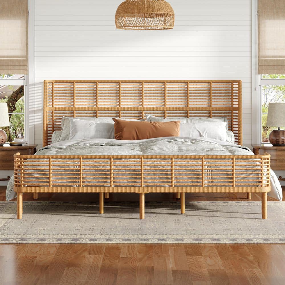 Kyle Boho Brown Metal and PE Rattan Frame King Size Platform Bed with Sleek Grid Wing Headboard, Natural