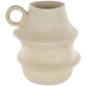 Cream Fluted Paper Mache Decorative Vase with Brown Distressed Texturing and Ring Handle