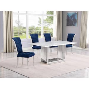 Lisa 5-Piece Rectangular White Marble Top Chrome Base Dining Set with Navy Blue Velvet Chairs Seats 4