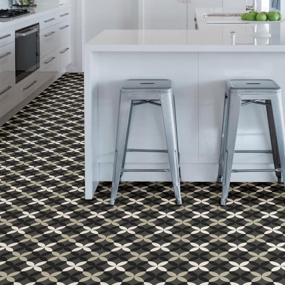 Arbor Black and Gray Floral Geometric Vinyl Peel & Stick Floor Tiles
