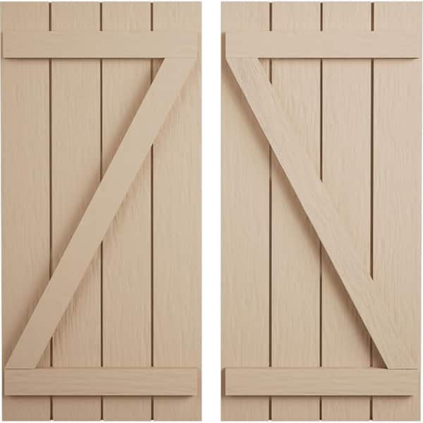 Ekena Millwork 22 in. x 72 in. Timberthane Polyurethane 4-Board Joined Board-n-Batten Rough Sawn Faux Wood Shutters w/Z-Board Pair